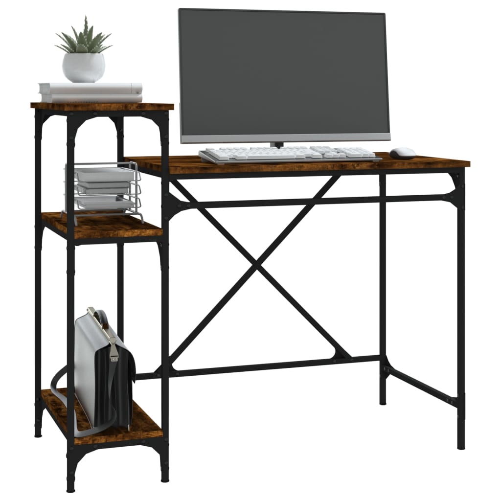 vidaXL Desk with Shelves Smoked Oak 105x50x90 cm Engineered Wood&Iron
