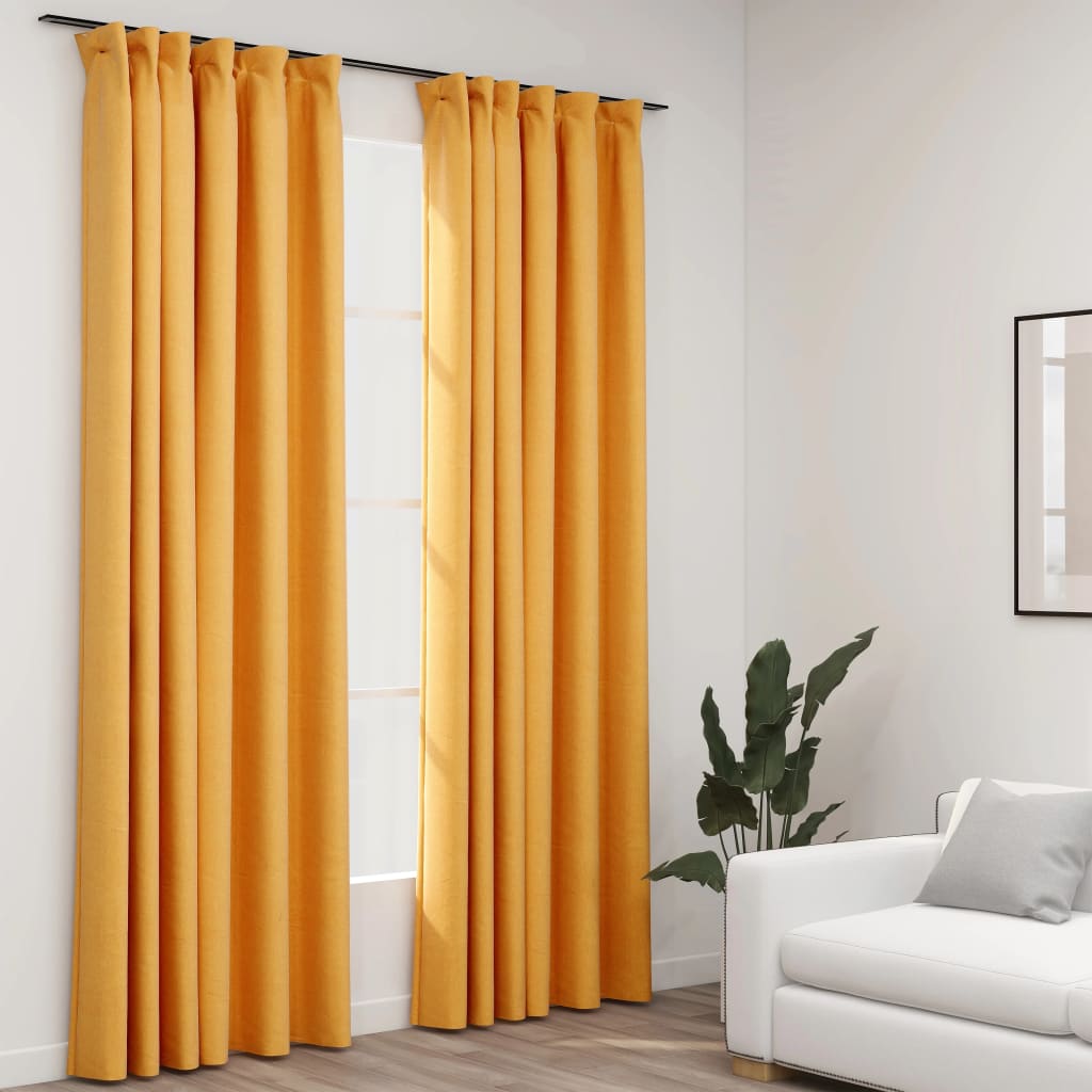 vidaXL Linen-Look Blackout Curtains with Hooks 2 pcs Yellow 140x225 cm