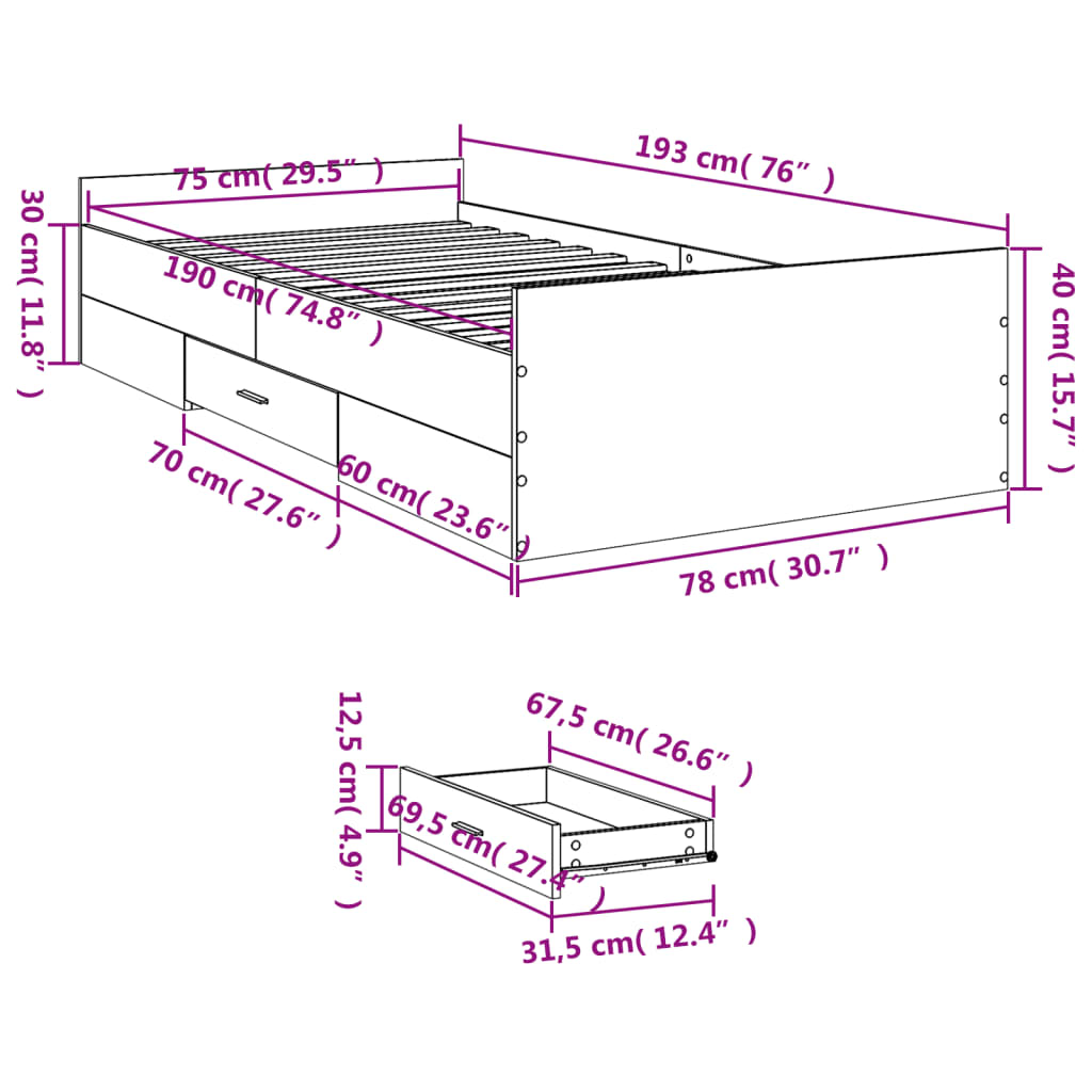 vidaXL Bed Frame with Drawers White 75x190 cm Small Single Engineered Wood
