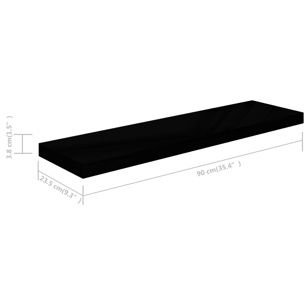 vidaXL Floating Wall Shelves 2 pcs High Gloss Black 90x23.5x3.8 cm MDF