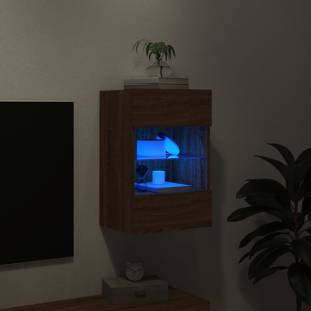 vidaXL TV Wall Cabinet with LED Lights Brown Oak 40x30x60.5 cm