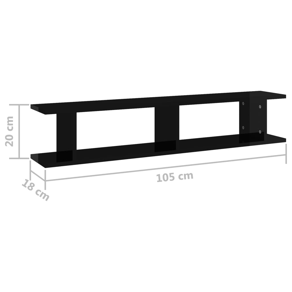 vidaXL Wall Shelf 2pcs High Gloss Black 105x18x20cm Engineered Wood