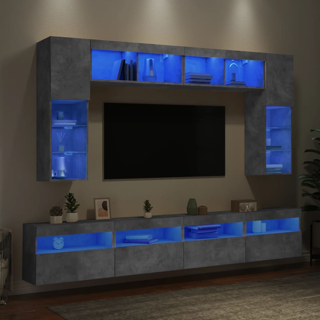 vidaXL 8 Piece TV Wall Cabinet Set with LED Lights Concrete Grey