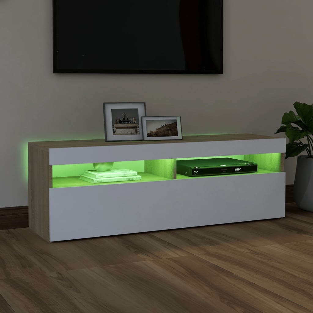 vidaXL TV Cabinet with LED Lights White and Sonoma Oak 120x35x40 cm