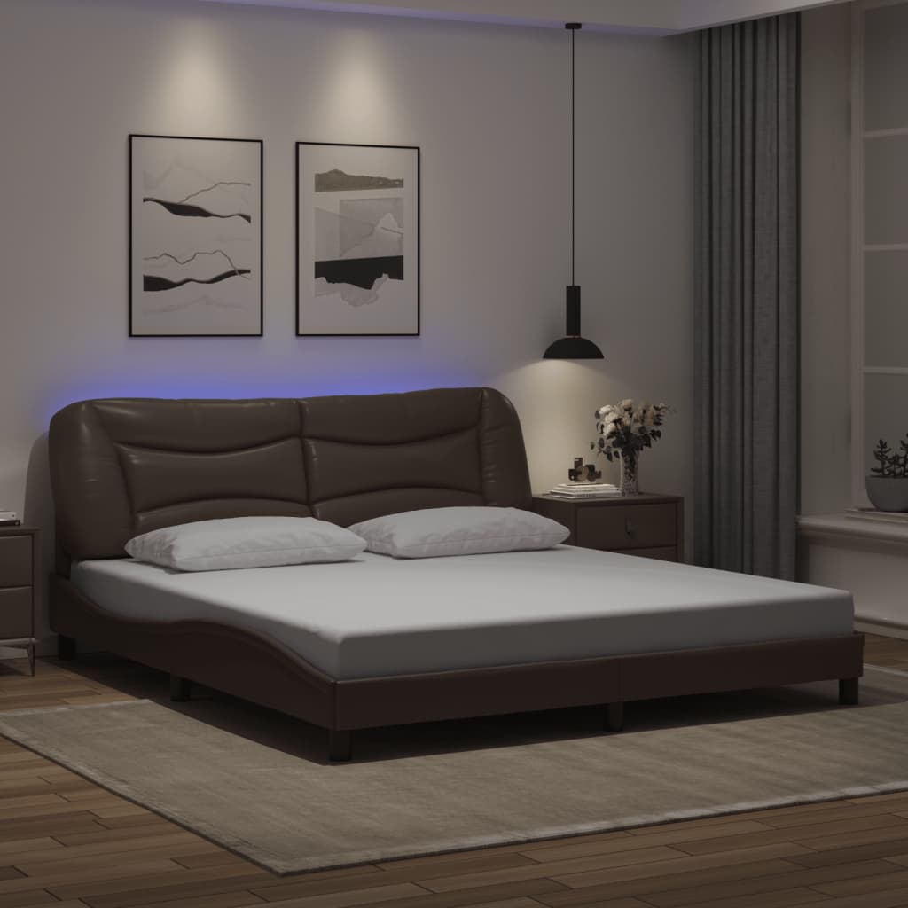 vidaXL Bed Frame with LED Lights Brown 180x200 cm Super King Faux Leather