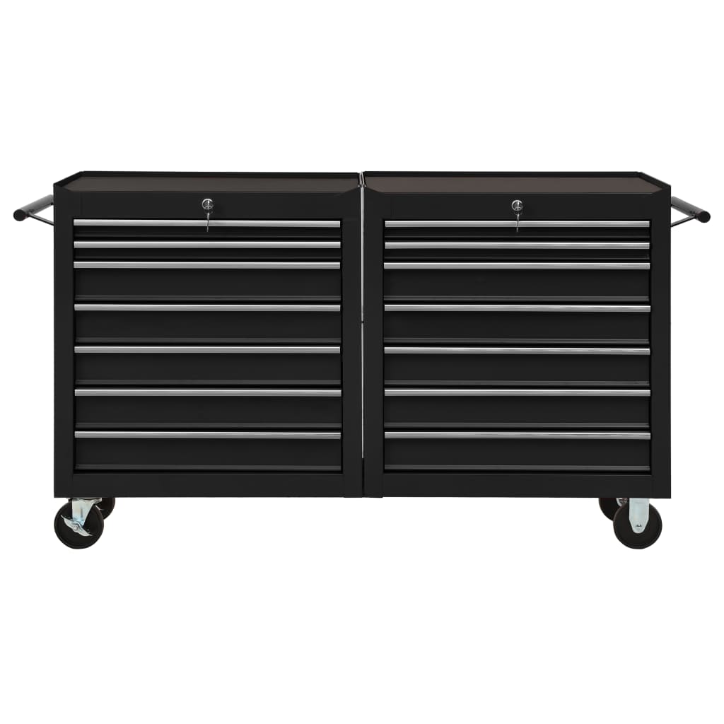 vidaXL Tool Trolley with 14 Drawers Steel Black (147185+147186)