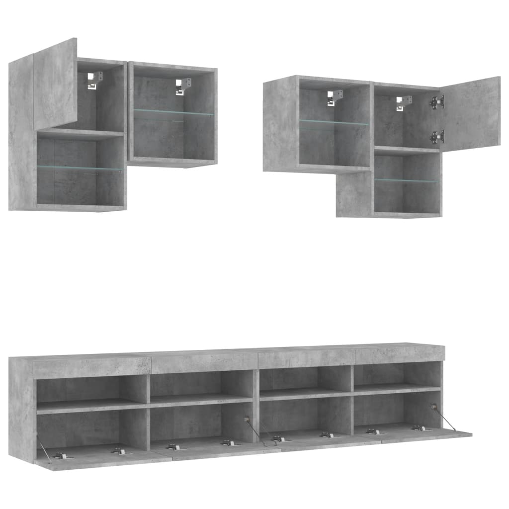 vidaXL 6 Piece TV Wall Cabinet Set with LED Lights Concrete Grey