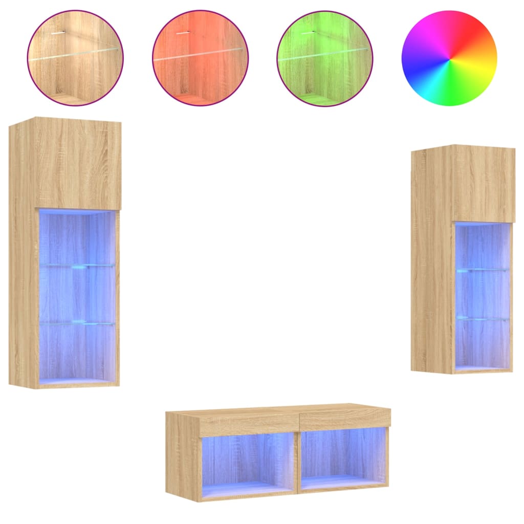 vidaXL 4 Piece TV Wall Cabinets with LED Lights Sonoma Oak
