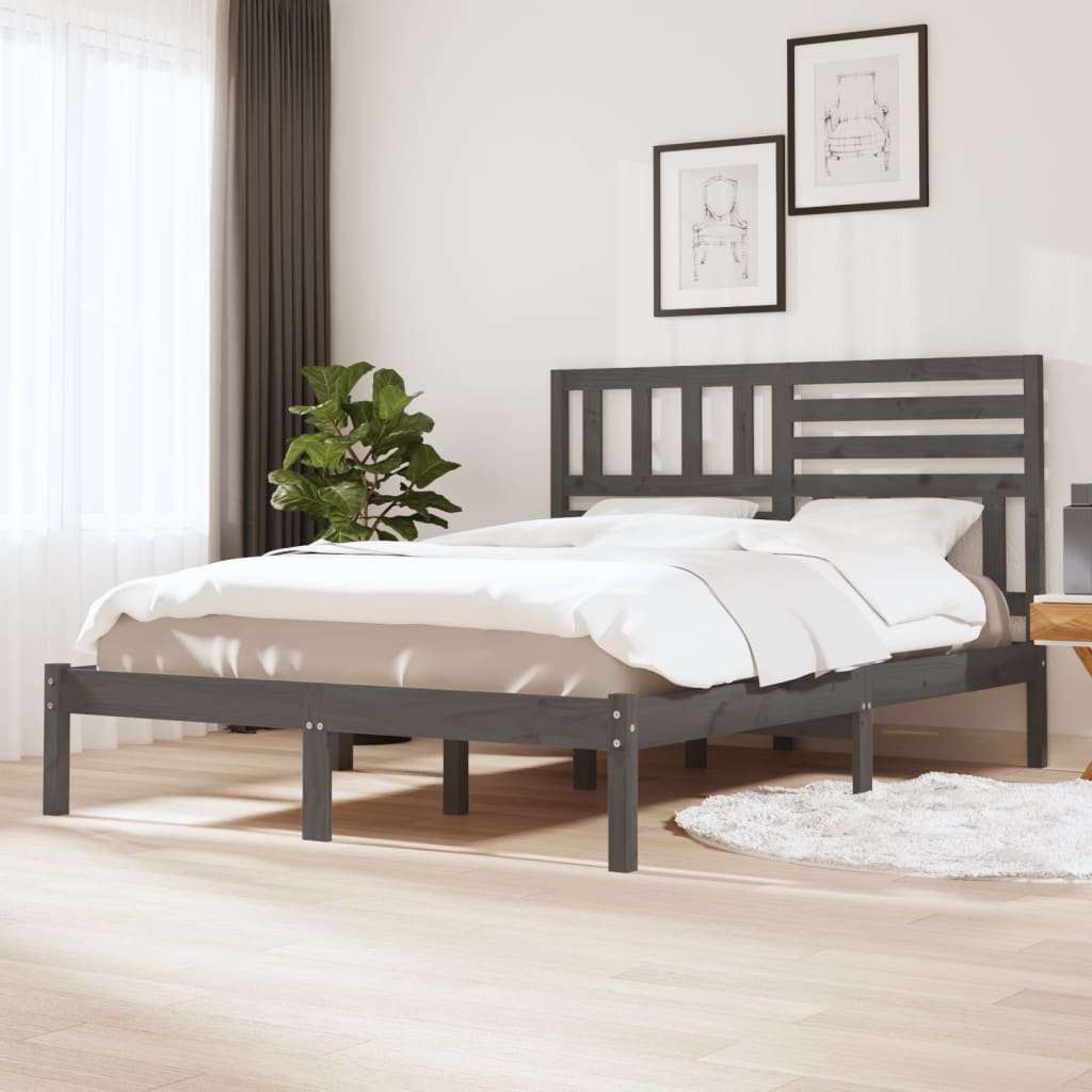 vidaXL Bed Frame Grey 135x190 cm Double Solid Wood Pine