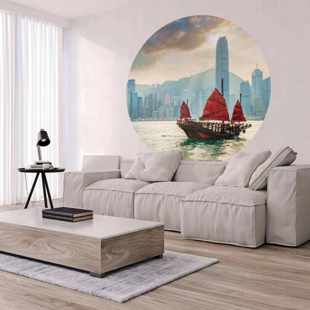 WallArt Wallpaper Circle Skyline with Junk Boat 142.5 cm