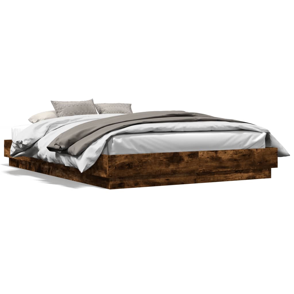 vidaXL Bed Frame with LED Lights Smoked Oak 140x200 cm