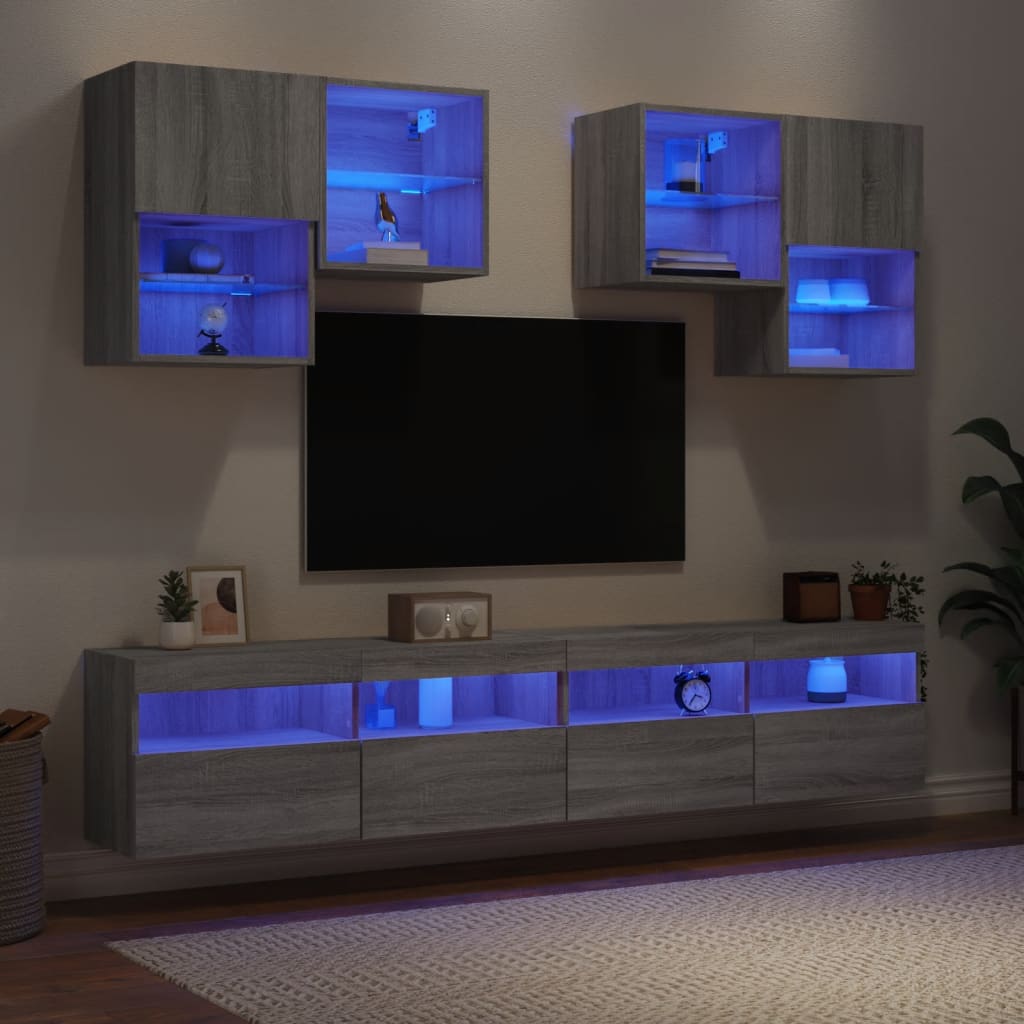 vidaXL 6 Piece TV Wall Cabinet Set with LED Lights Grey Sonoma
