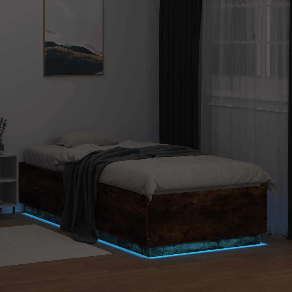 vidaXL Bed Frame with LED Lights Smoked Oak 90x200 cm Engineered Wood