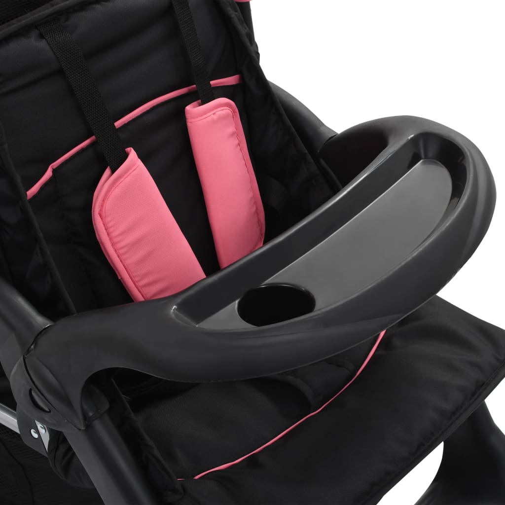 vidaXL Tandem Stroller Pink and Black Steel