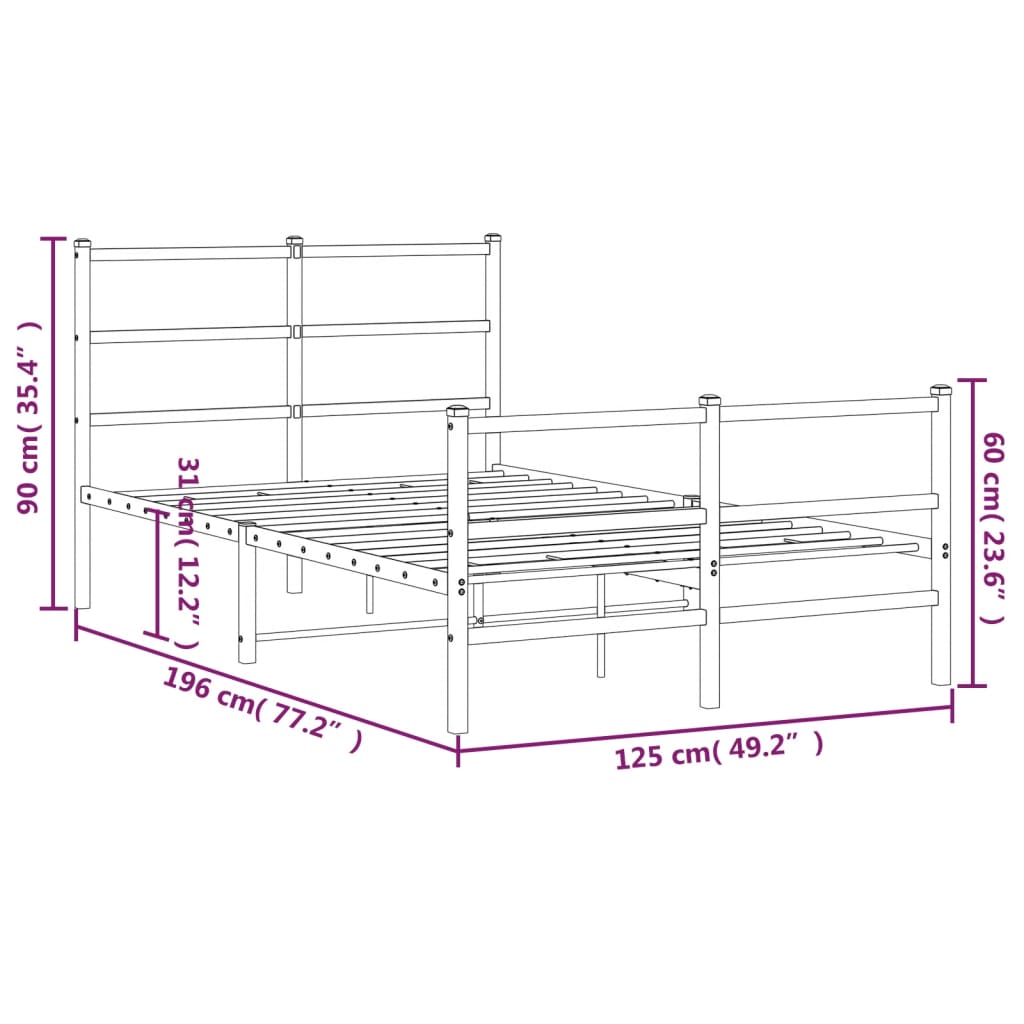 vidaXL Metal Bed Frame with Headboard and Footboard White 120x190 cm Small Double