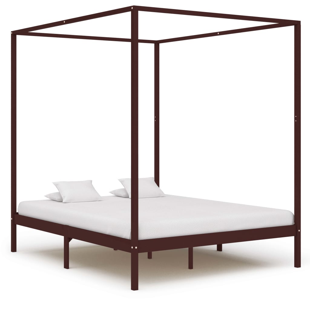 vidaXL Canopy Bed Frame Dark Brown Solid Pine Wood 160x200 cm