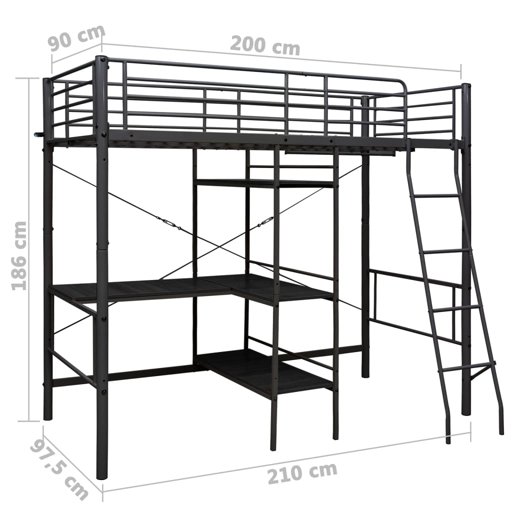 vidaXL Bunk Bed with Table Frame Black Metal 90x200 cm
