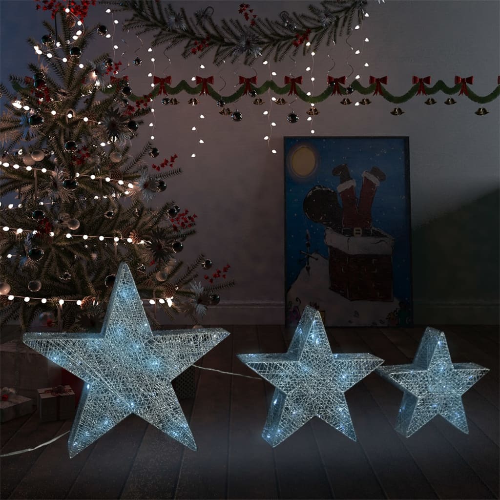 vidaXL Christmas Decoration Stars 3 pcs Silver Mesh LED Outdoor Indoor
