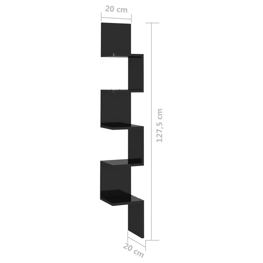 vidaXL Wall Corner Shelf High Gloss Black 20x20x127.5 cm Engineered Wood