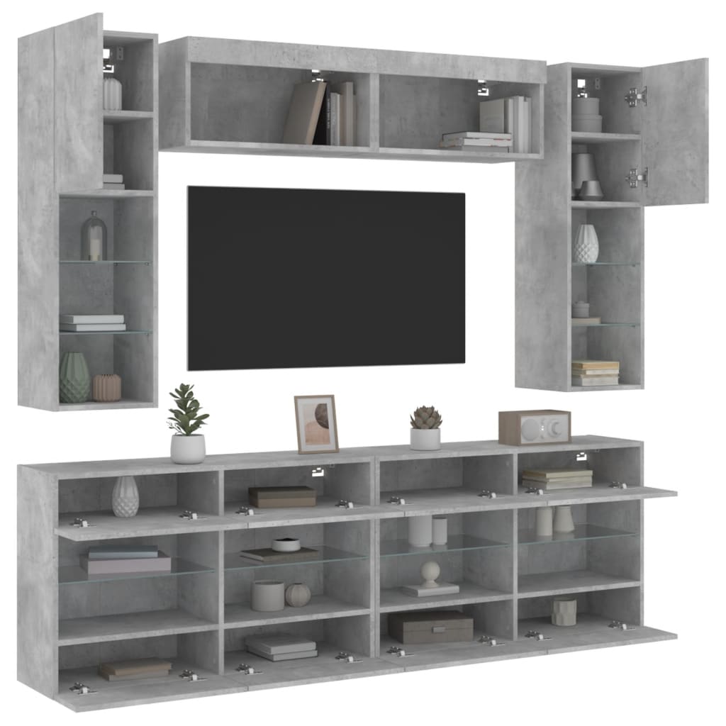 vidaXL 6 Piece TV Wall Cabinet Set with LED Lights Concrete Grey