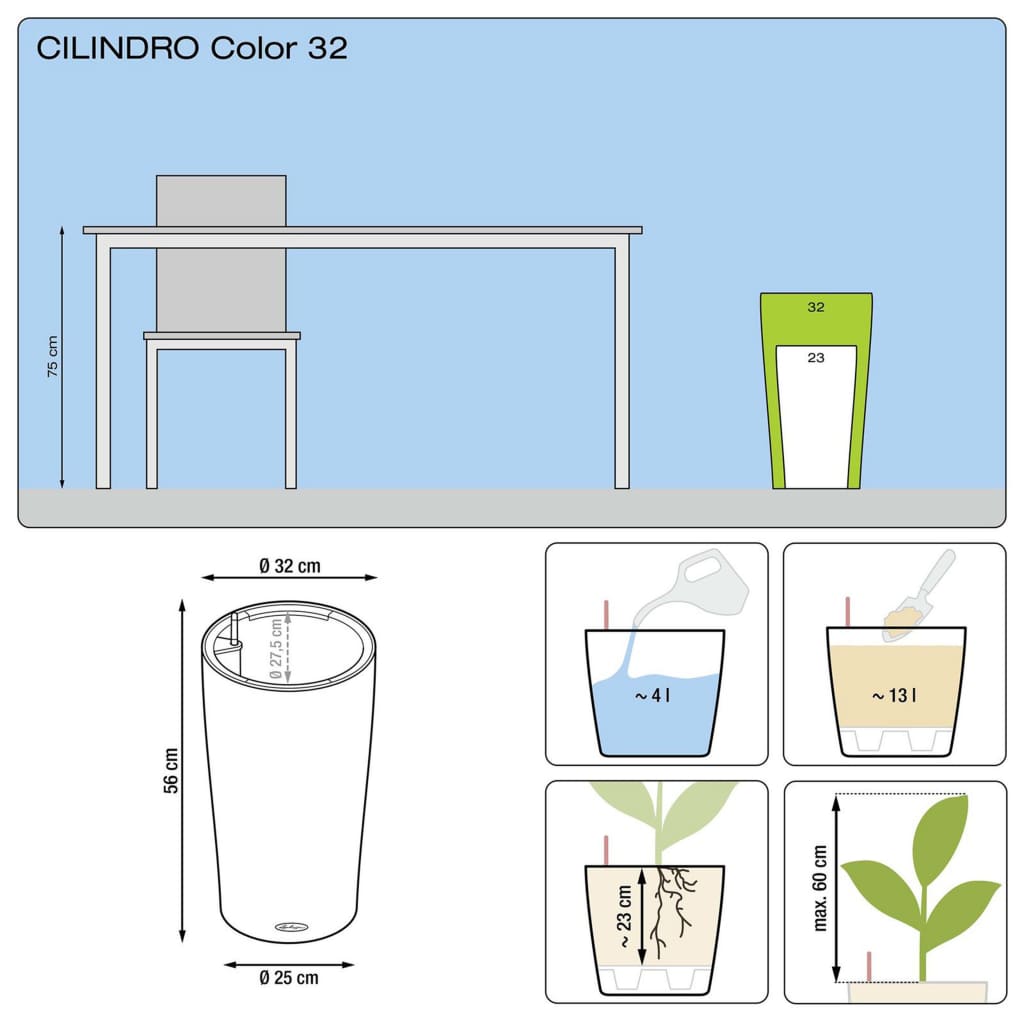 LECHUZA Planter Cilindro Color 32 ALL-IN-ONE Slate 13953