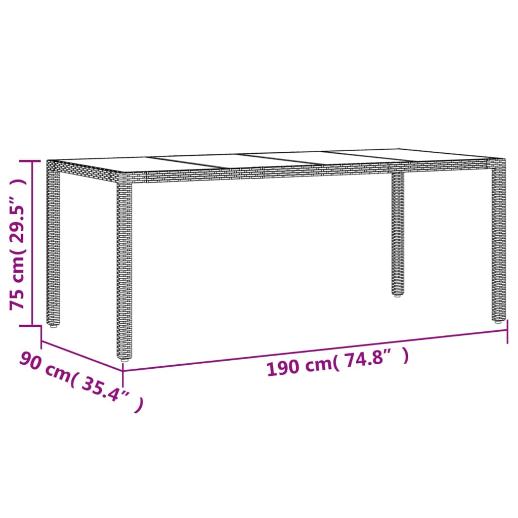 vidaXL Garden Table with Glass Top Beige 190x90x75 cm Poly Rattan