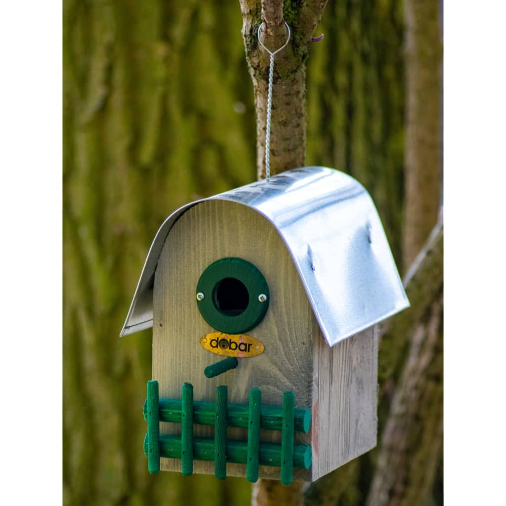 dobar Bird Nesting Box "Teak" with Zinc Rounded Roof Natural, Green and Silver