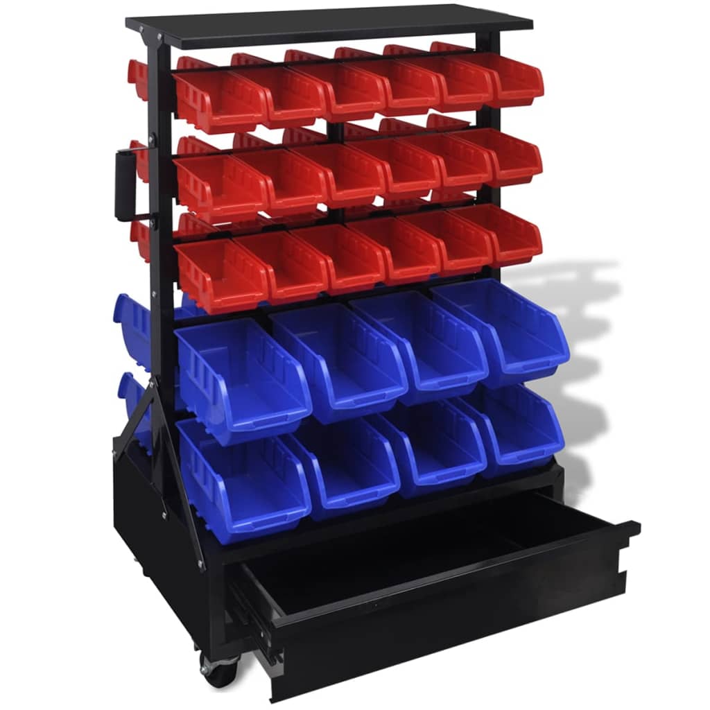 Blue & Red Garage Tool Organiser with Bottom Drawer & castors