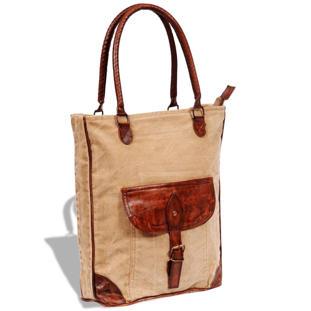 Canvas Real Leather Shopper Bag with Buckle Beige