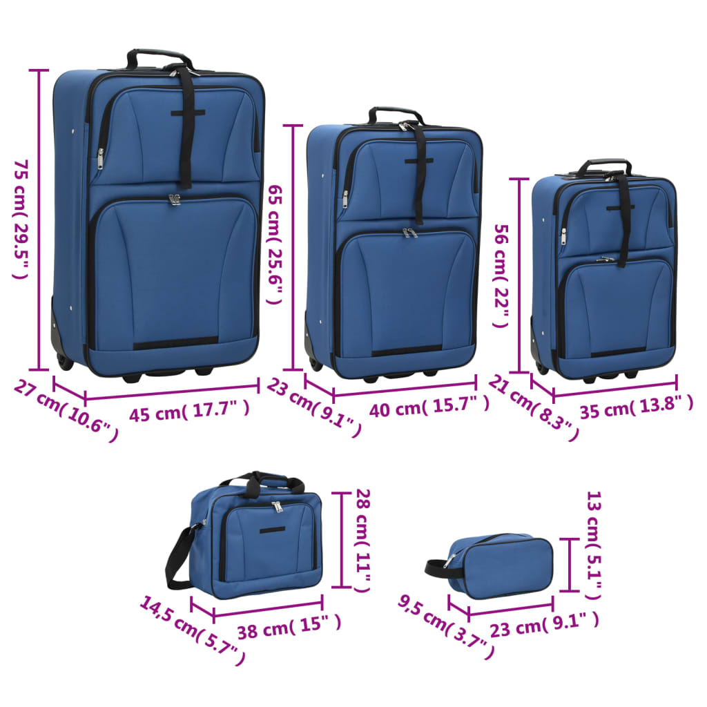 vidaXL 5 Piece Travel Luggage Set Bule Fabric vidaXL