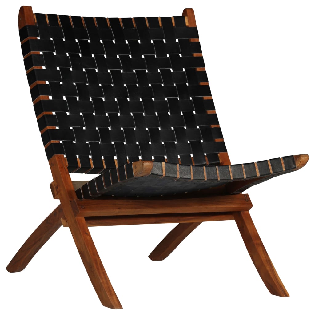 vidaXL Folding Chair Crossed-Stripe Black Real Leather