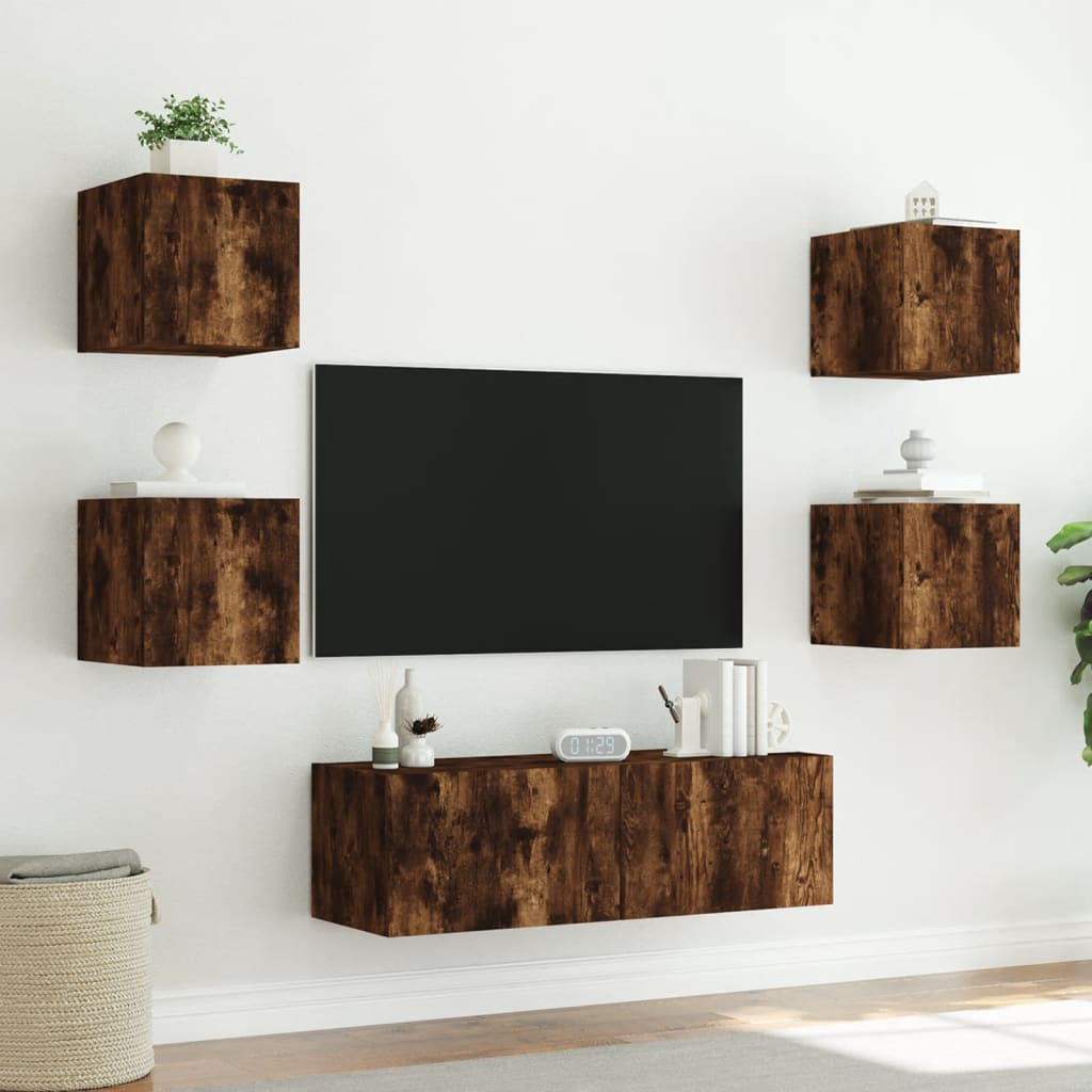 vidaXL 5 Piece TV Wall Cabinets with LED Lights Smoked Oak