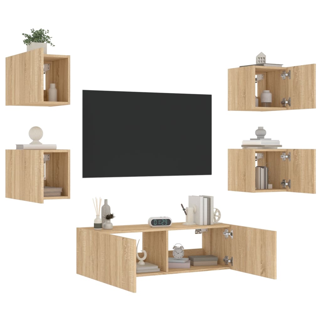 vidaXL 5 Piece TV Wall Cabinets with LED Lights Sonoma Oak