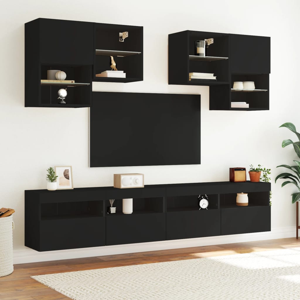 vidaXL 6 Piece TV Wall Cabinet Set with LED Lights Black