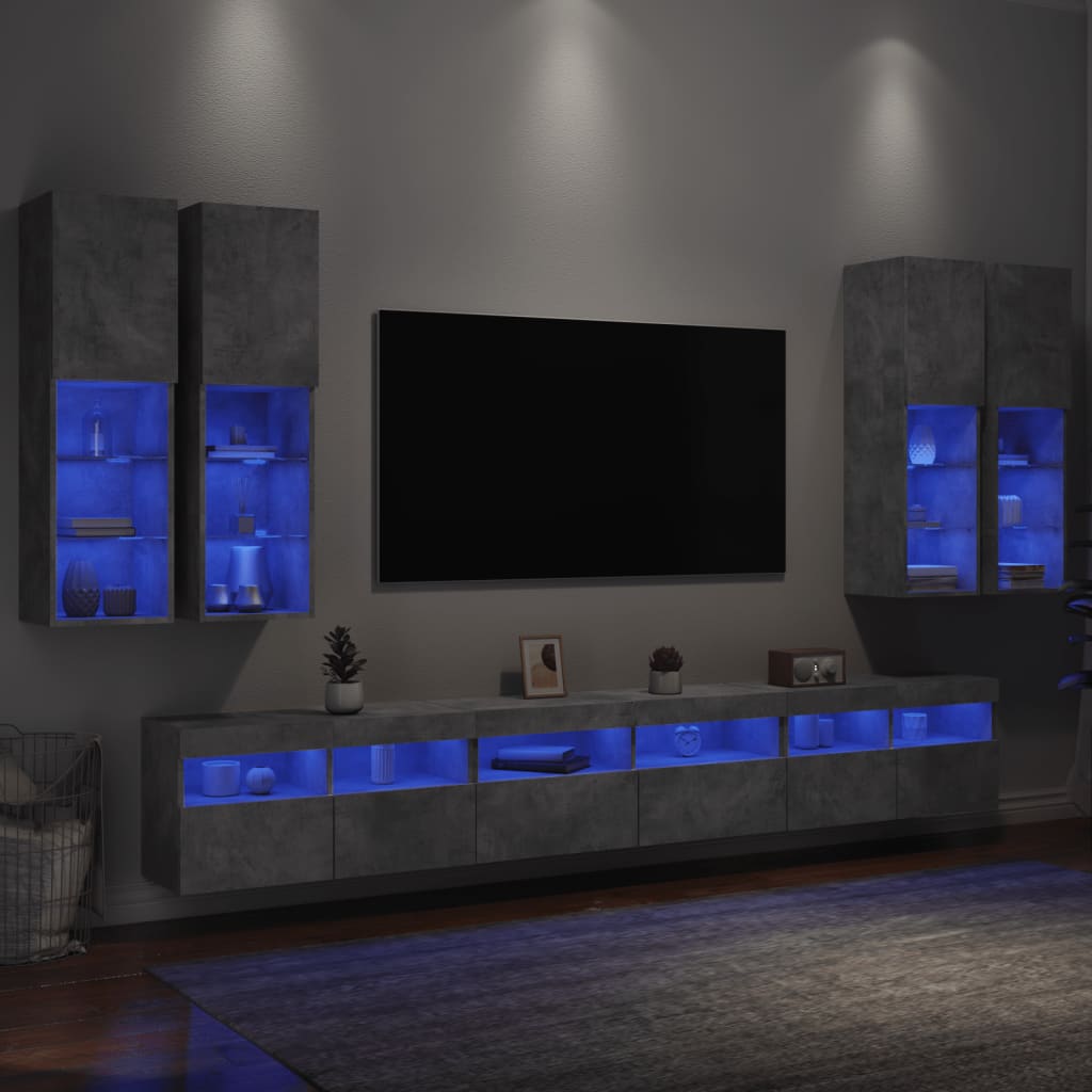 vidaXL 7 Piece TV Wall Cabinet Set with LED Lights Concrete Grey