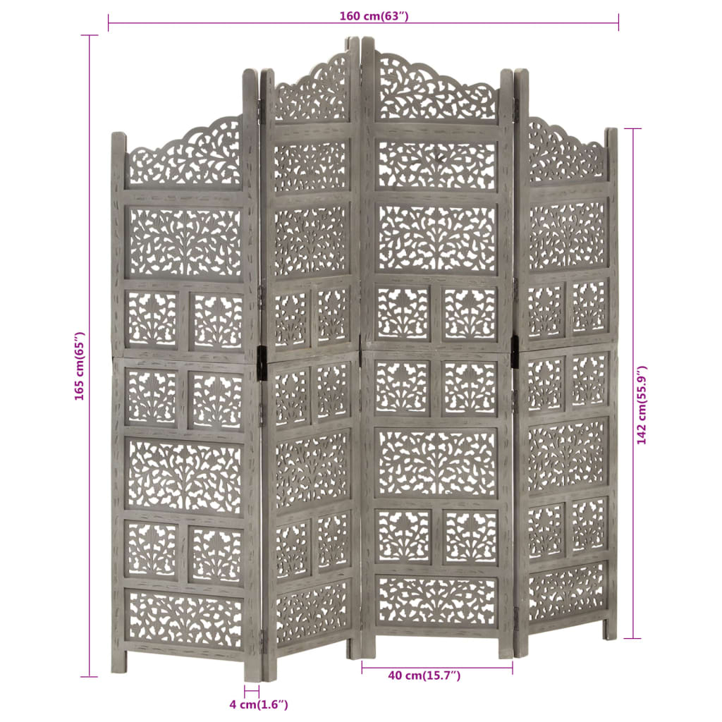 vidaXL Hand carved 4-Panel Room Divider Grey 160x165 cm Solid Mango Wood