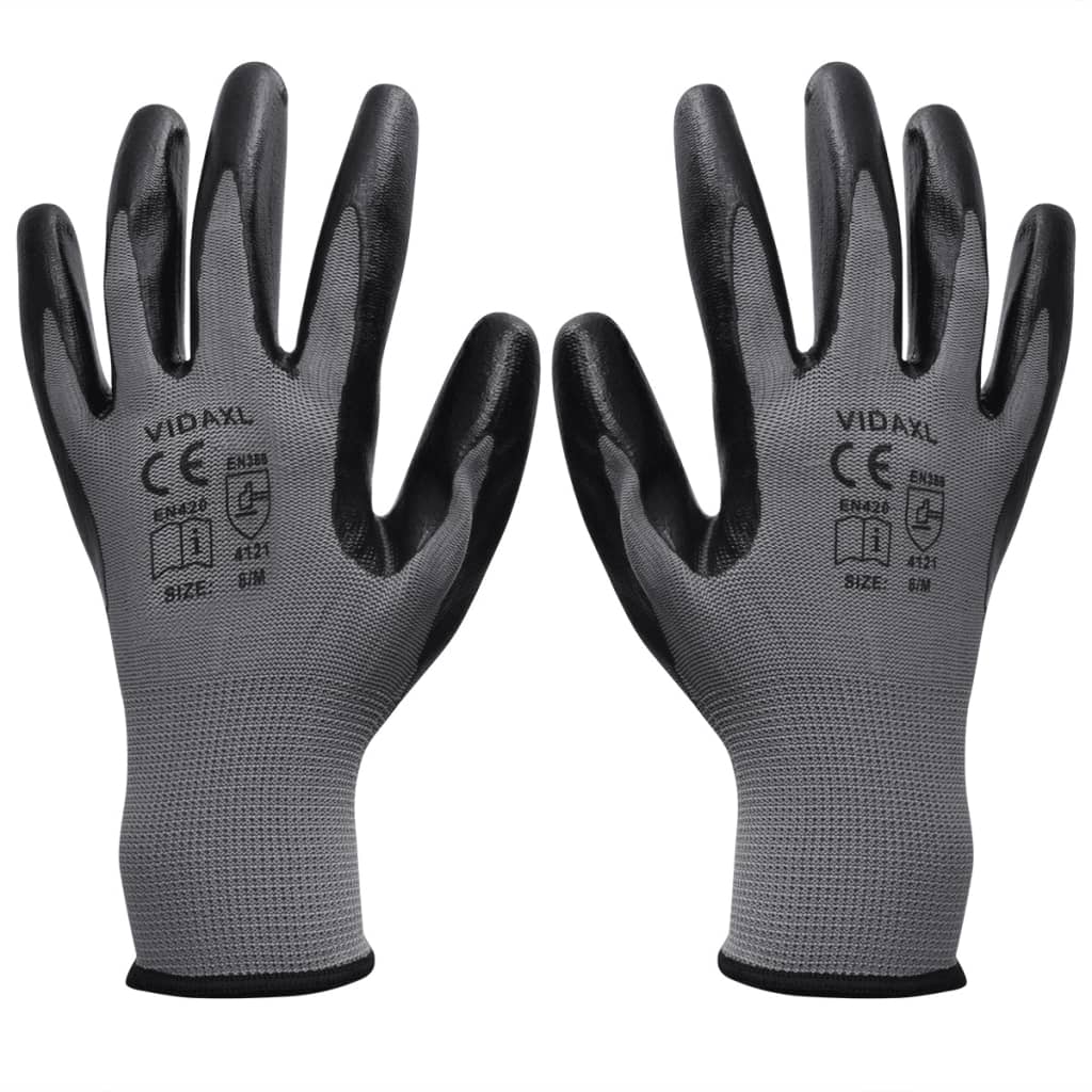 vidaXL Work Gloves Nitrile 1 Pair Grey and Black Size 9/L