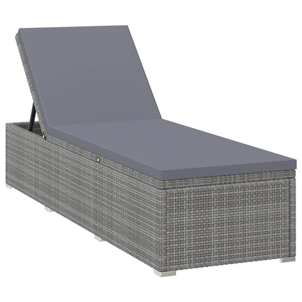 vidaXL Sun Lounger with Cushion and Tea Table Poly Rattan Grey