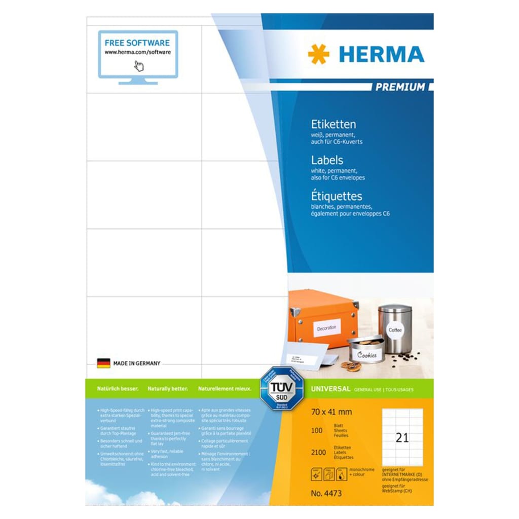 HERMA Permanent Labels PREMIUM A4 70x41 mm 100 Sheets