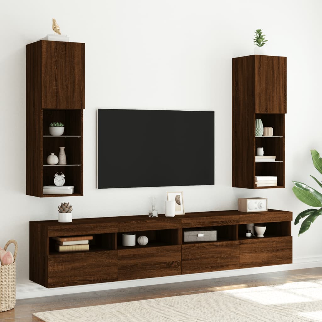 vidaXL TV Cabinets with LED Lights 2 pcs Brown Oak 30.5x30x102 cm