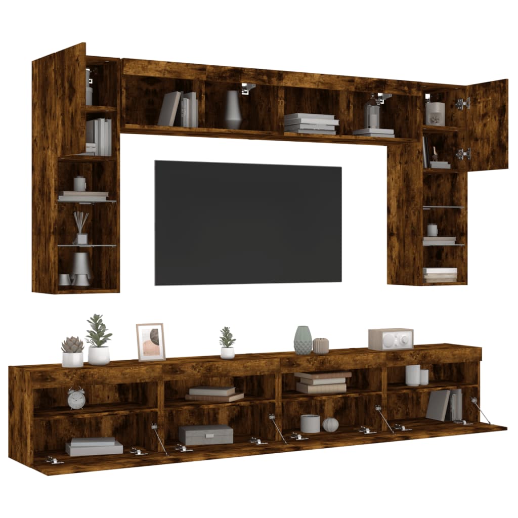 vidaXL 8 Piece TV Wall Cabinet Set with LED Lights Smoked Oak