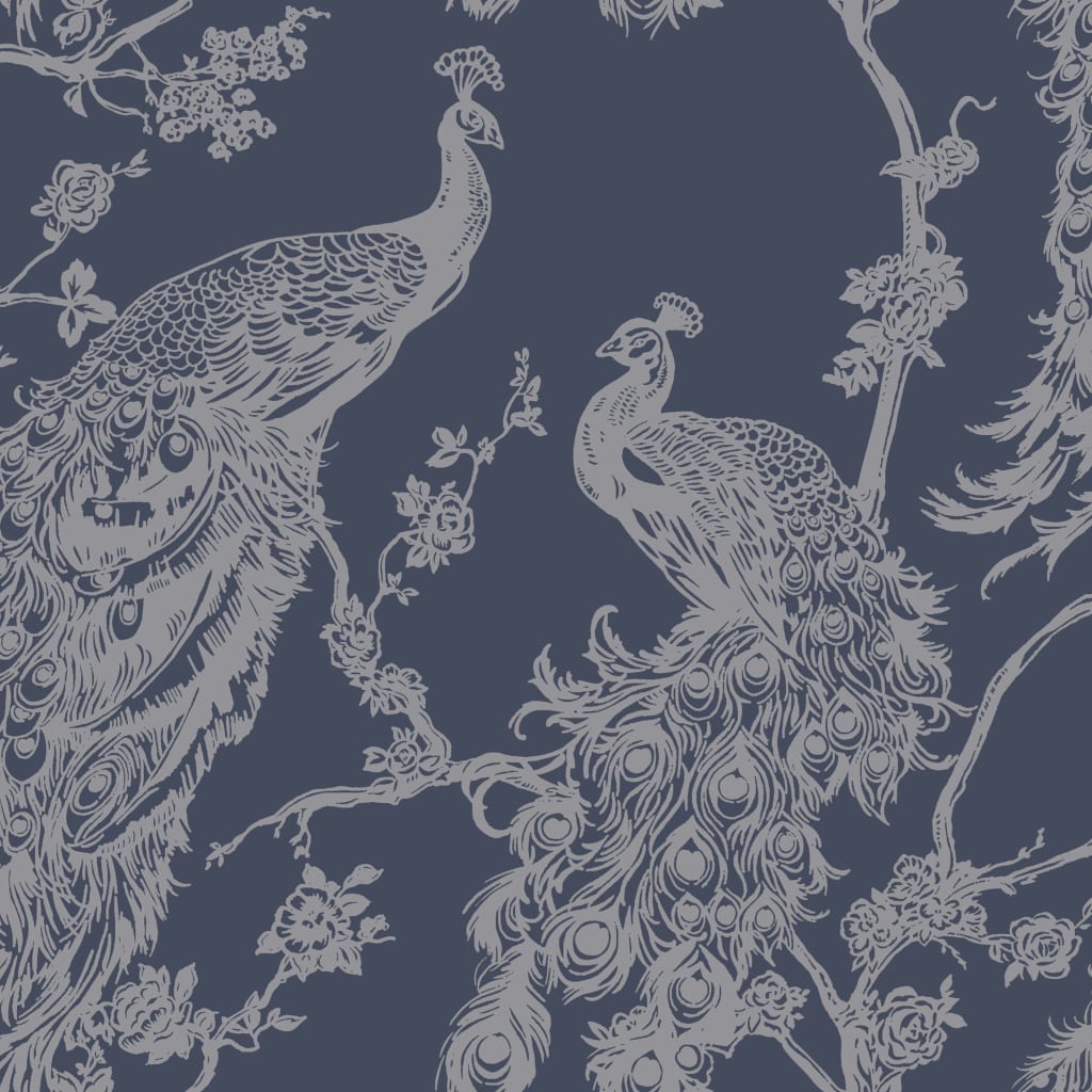 DUTCH WALLCOVERINGS Wallpaper Peacock Navy Blue and Silver 