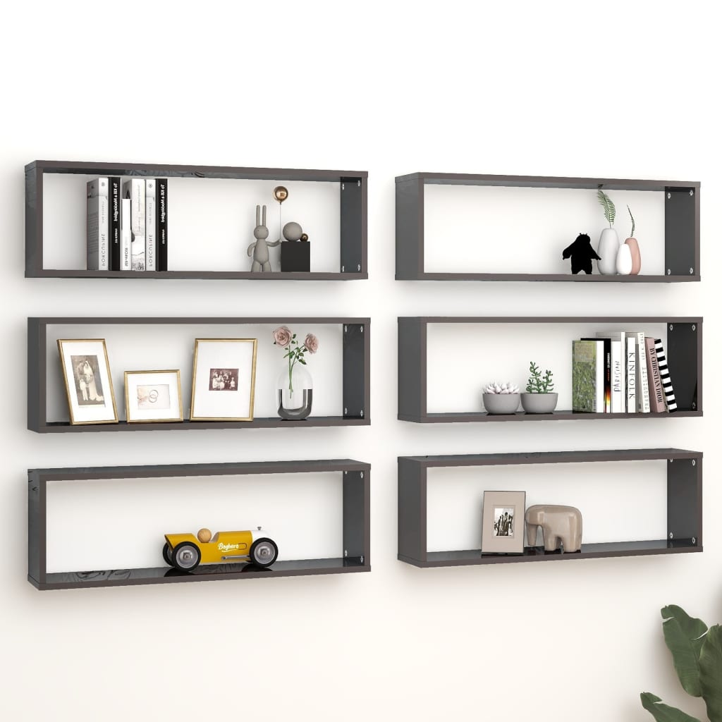 vidaXL Wall Cube Shelf 6 pcs High Gloss Grey 80x15x26.5 cm Engineered Wood