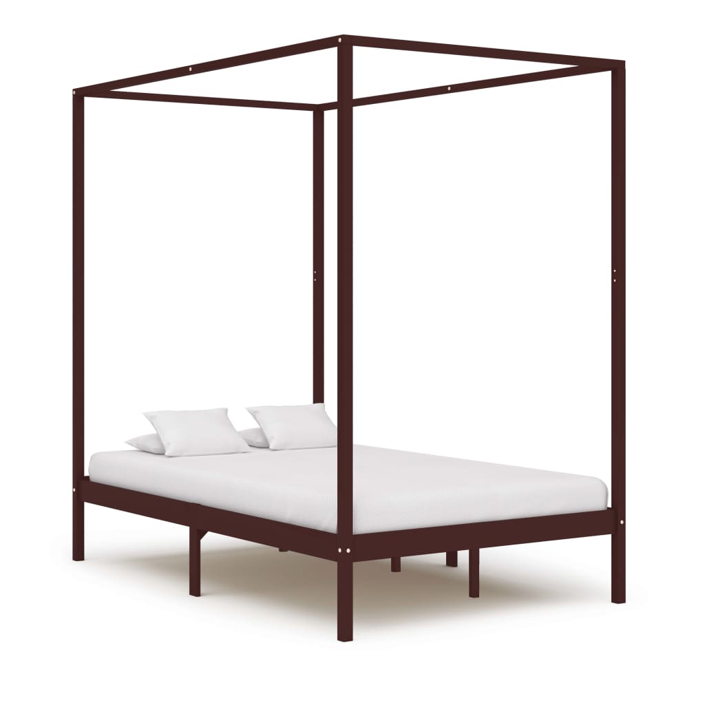 vidaXL Canopy Bed Frame Dark Brown Solid Pine Wood 120x200 cm