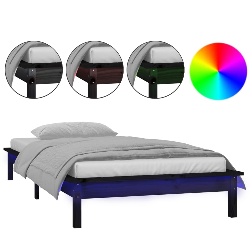 vidaXL LED Bed Frame Black 75x190 cm Small Single Solid Wood