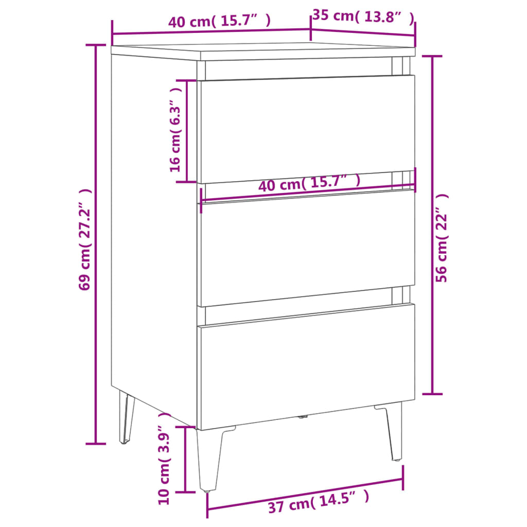 vidaXL Bed Cabinet with Metal Legs Concrete Grey 40x35x69 cm