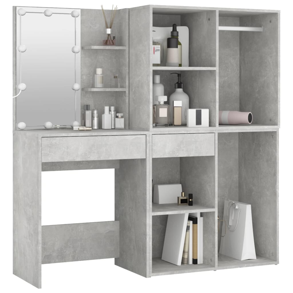 vidaXL LED Dressing Table with 2 Cabinets Concrete Grey Engineered Wood
