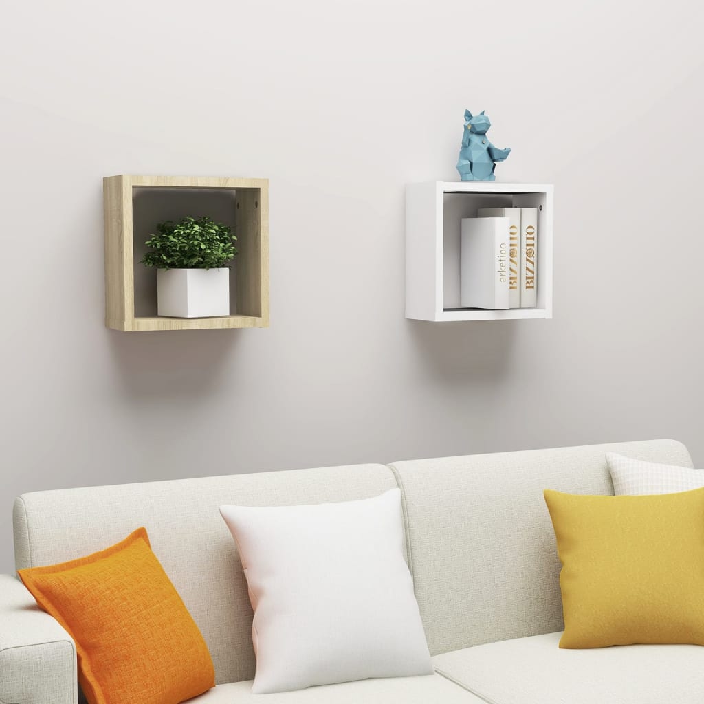 vidaXL Wall Cube Shelves 2 pcs White and Sonoma Oak 30x15x30 cm