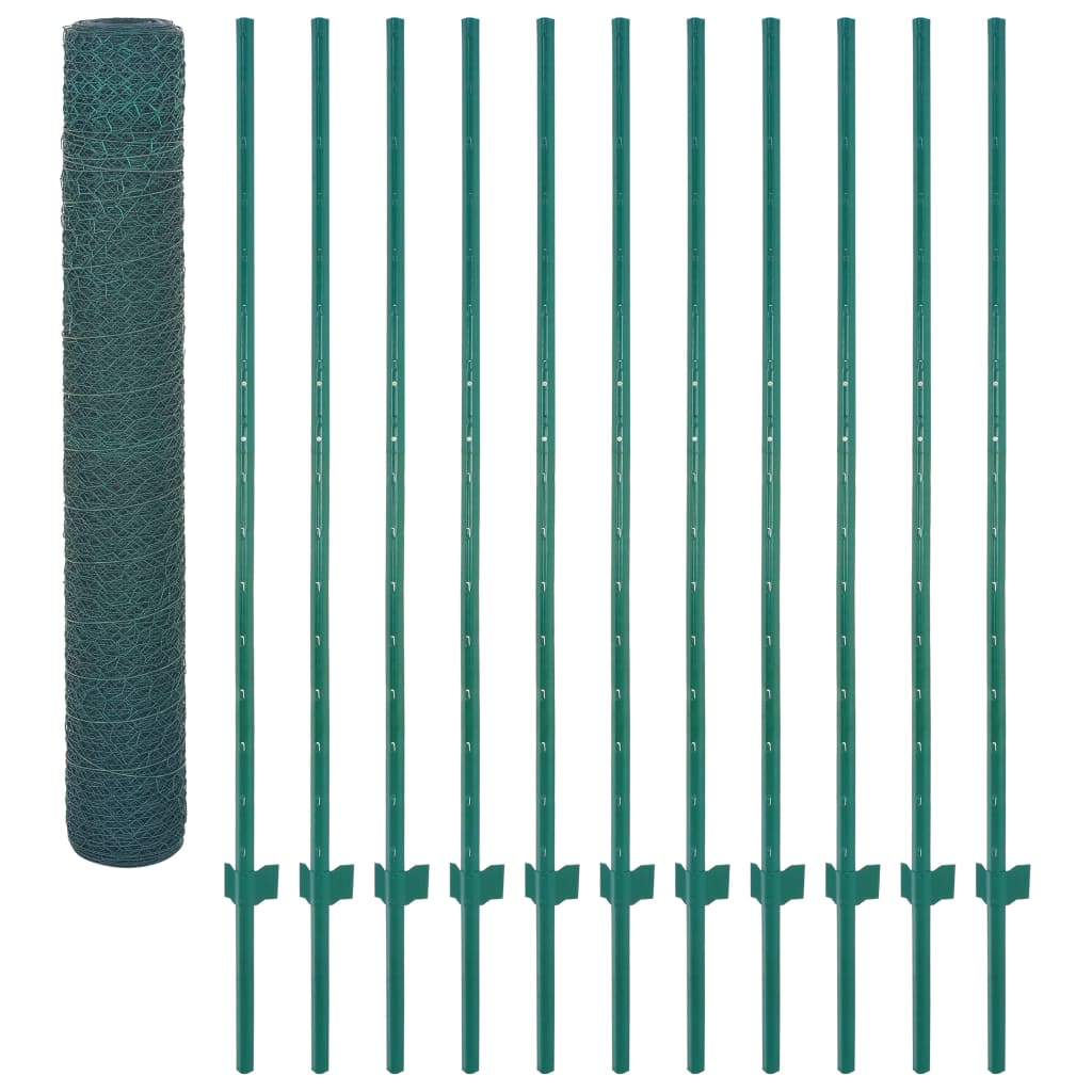 vidaXL Wire Mesh Fence with Posts Steel 25x2 m Green