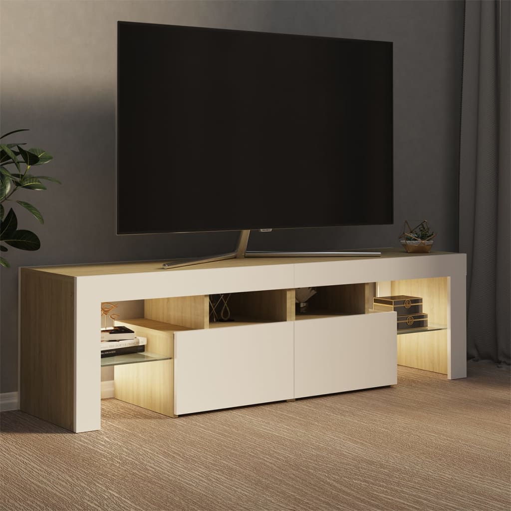 vidaXL TV Cabinet with LED Lights White and Sonoma Oak 140x36.5x40 cm